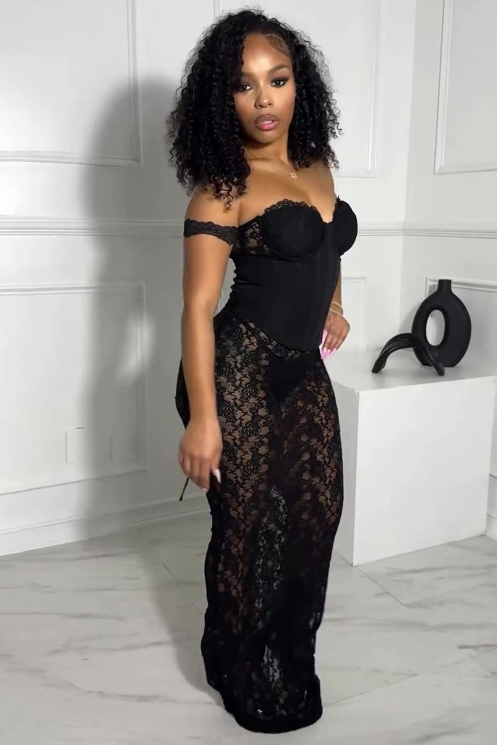 Off Shoulder Corset Lace Sheer Maxi Skirt Party 2pcs Set-Black [Pre Order]