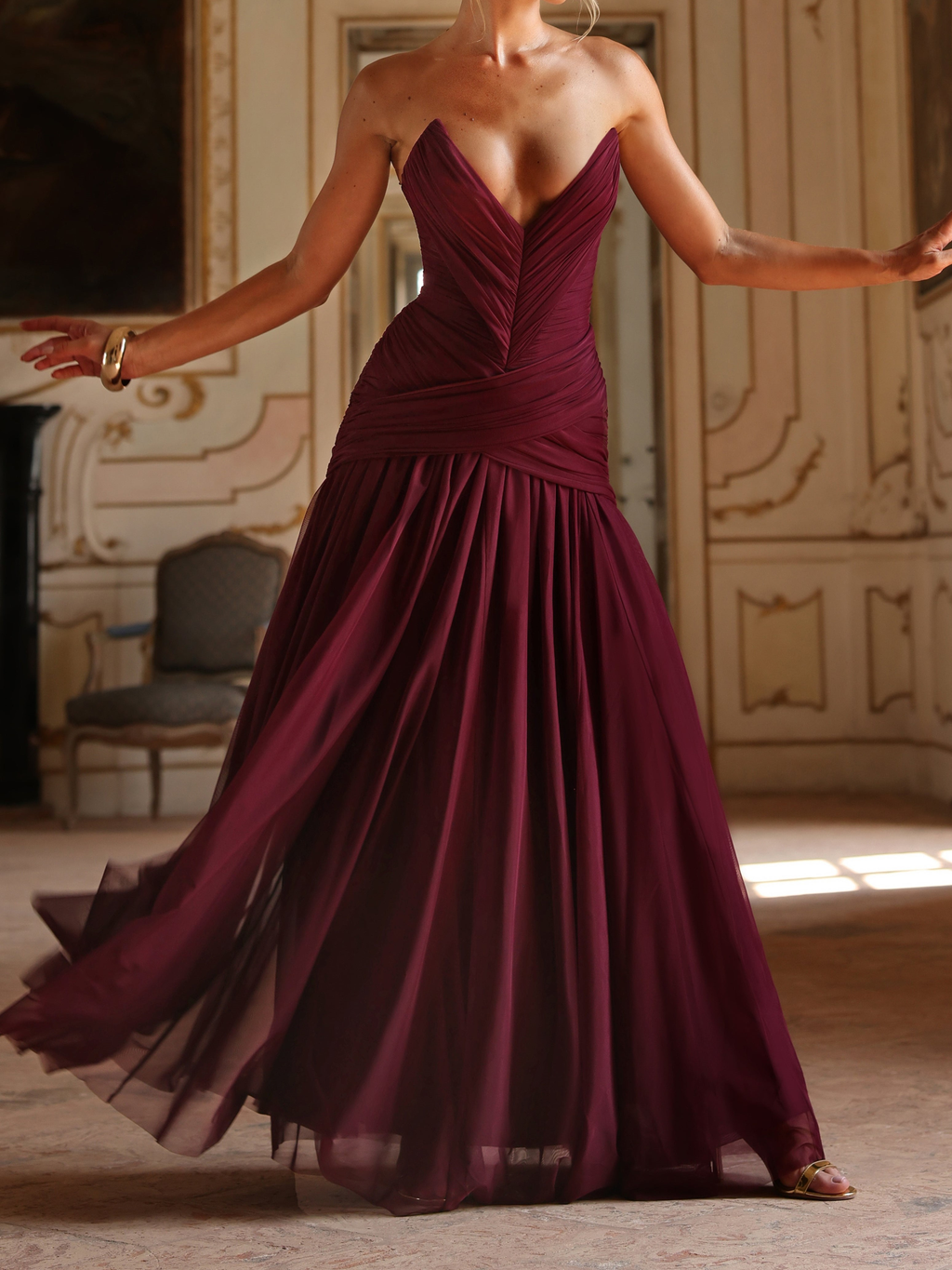 Burgundy Strapless Pleated Maxi Gown