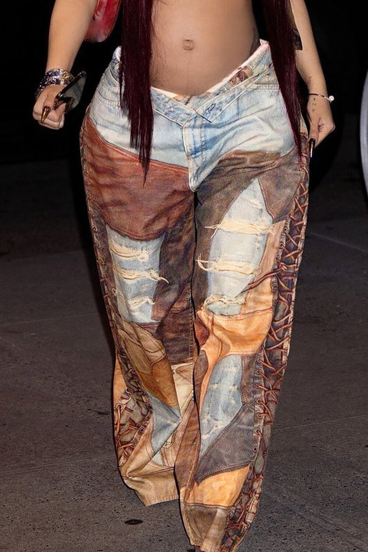 Denim Faux Leather Print Wide Leg Casual Pants-Brown