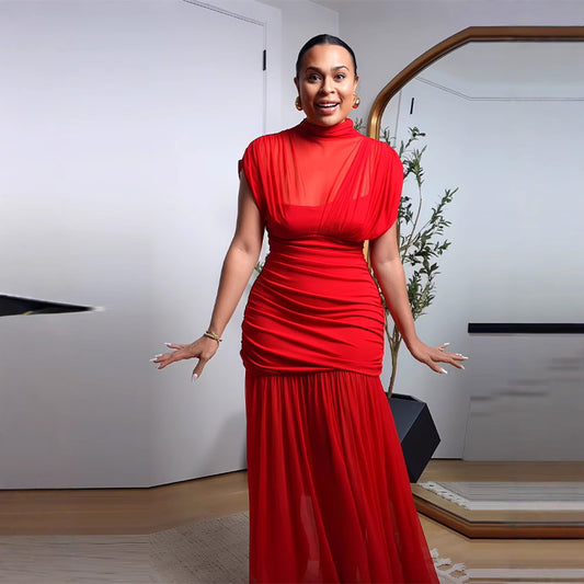 Half Turtleneck Mesh Stitching Long Dress