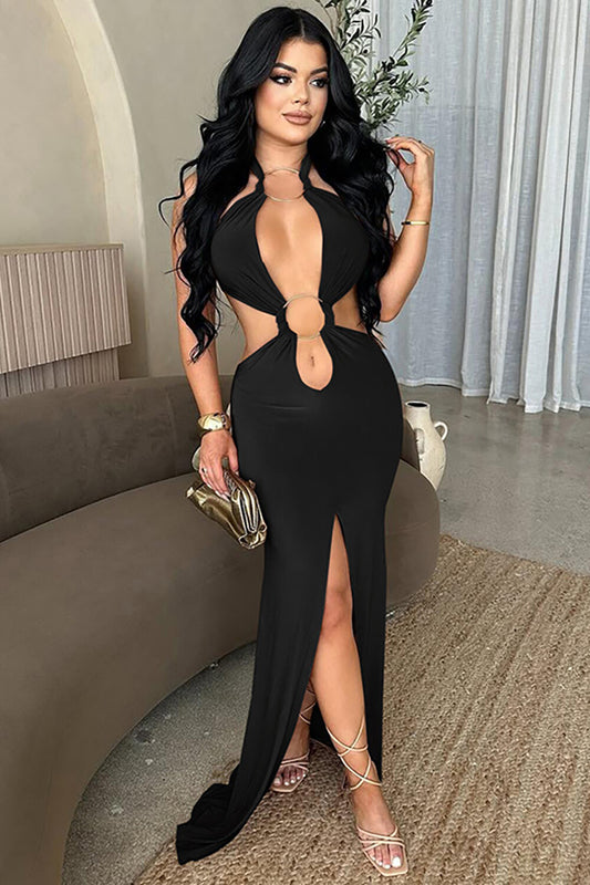 O-Ring Patchwork Halter Cutout Bodycon Slit Fishtail Hem Maxi Dresses-Black