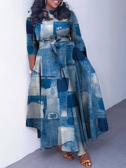 Contrast Color Printed Tied Waist Long Sleeves Loose Round-neck Maxi Dresses