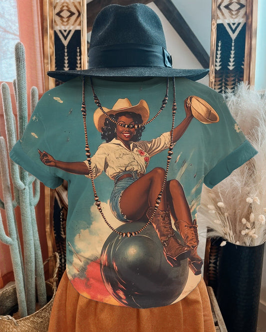 Vintage Brown Cow Girl Crew Neck Short Sleeve Tshirt