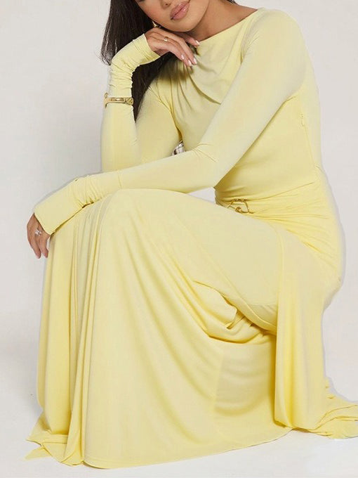 Long-sleeve Ruched Maxi Dress With Metallic Buckle