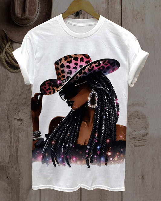 Leopard Print Hat Brown Cowgirl Neck Short Sleeve Tshirt