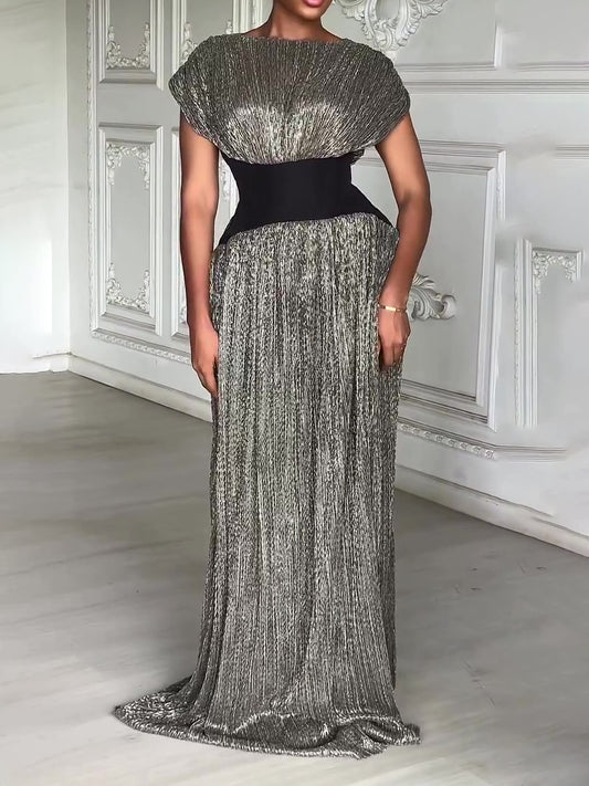 Elegant Shimmery Silver Maxi Dress With Contrast Waist