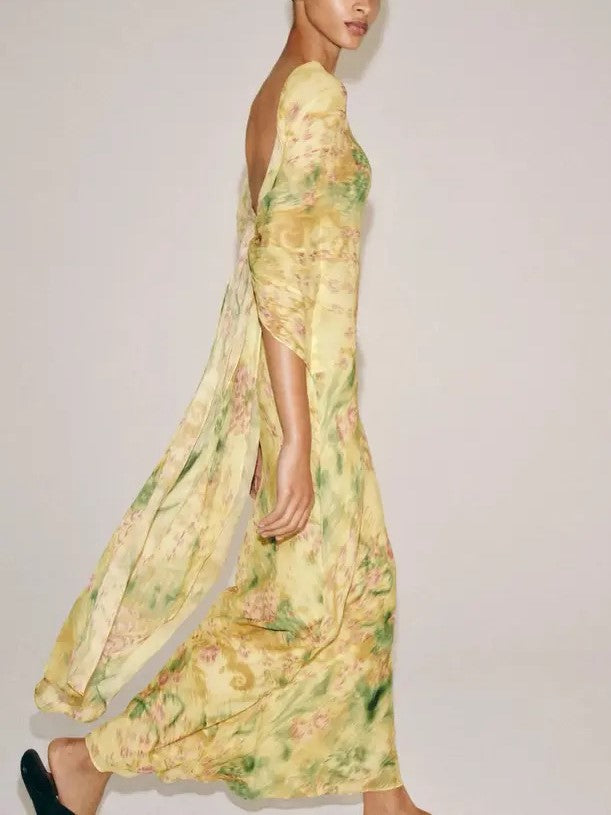 Yellow Abstract Floral Sheer Draped Maxi Dress