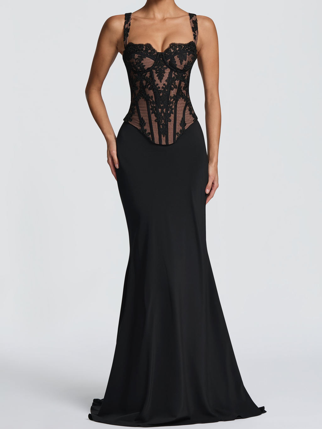 Black Lace Corset Mermaid Maxi Dress