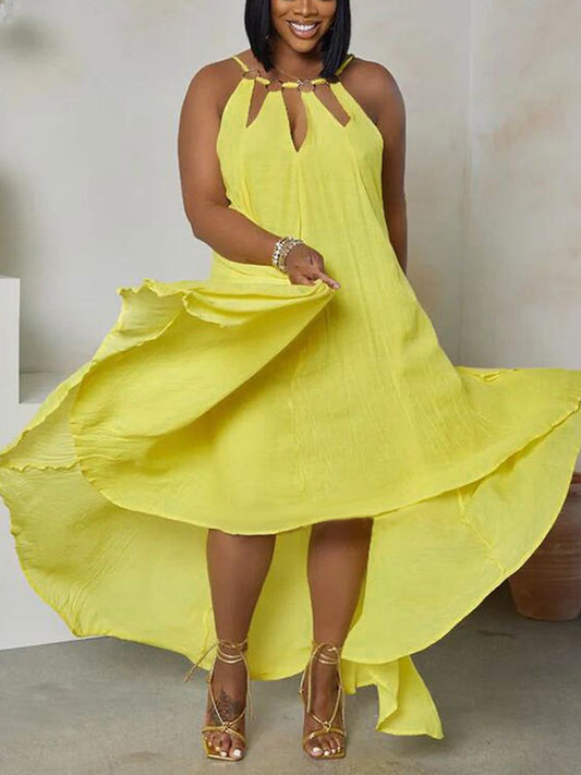 Hollow High-Low Loose Round-Neck Maxi Dresses