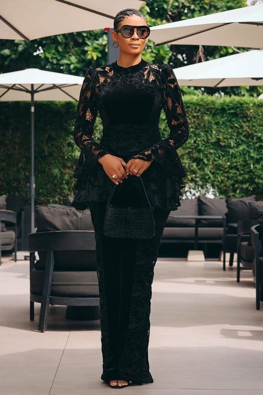 Lace Patchwork Velvet Flare Sleeve Fitted Gowns Maxi Dresses-Black [Pre Order]
