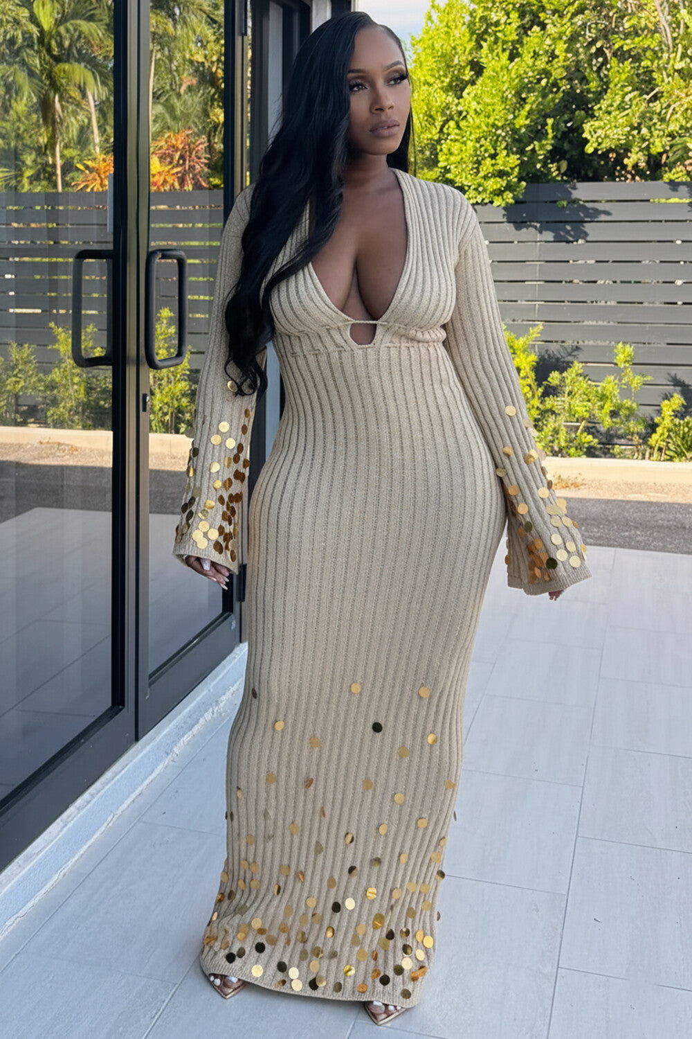 Deep V Neck Bell Sleeve Disco Sequin Knit Maxi Dresses-Beige [Pre Order]