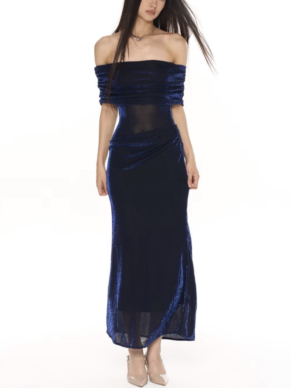 Navy Blue Ruched Off-Shoulder Dress