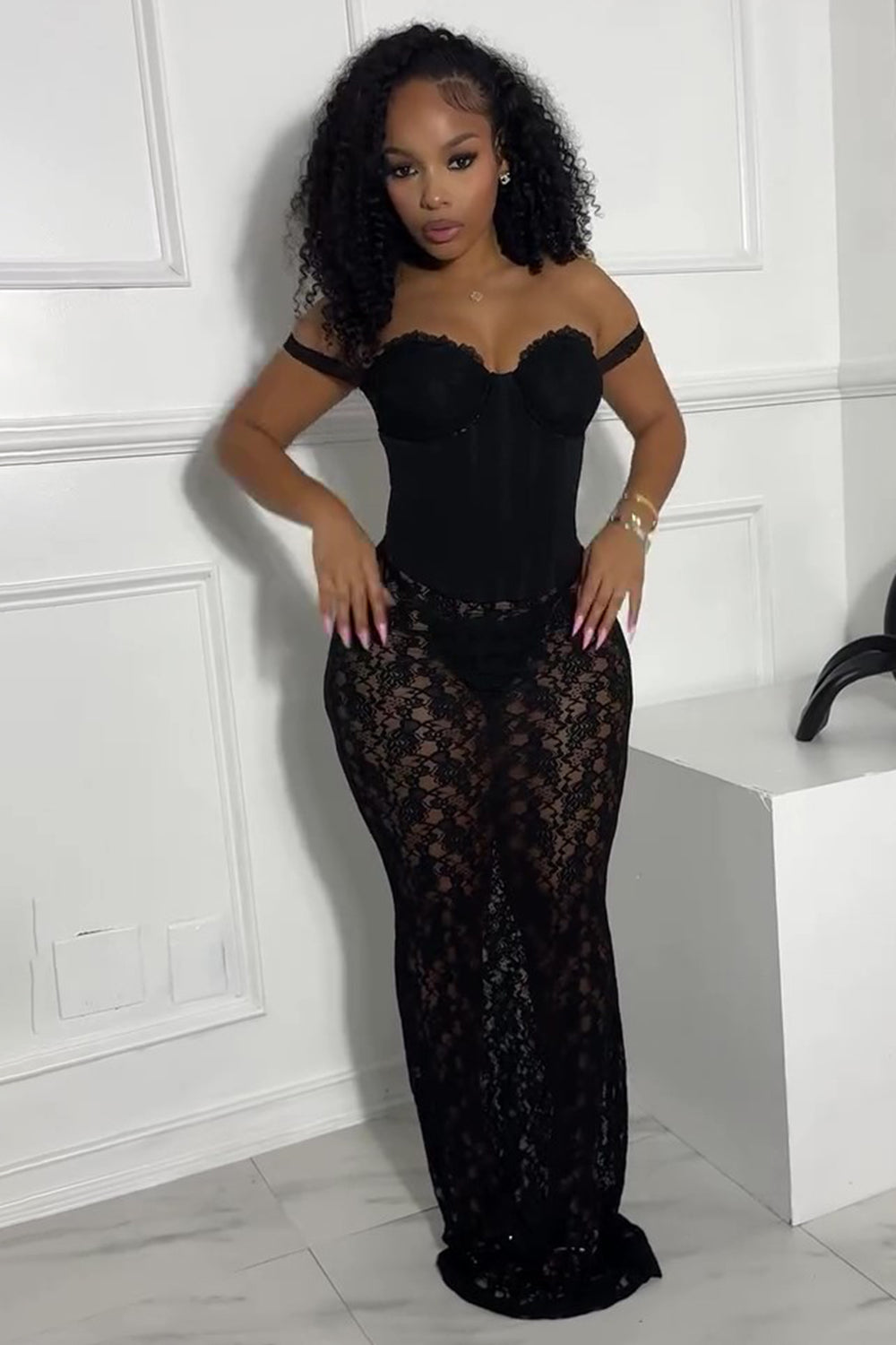 Off Shoulder Corset Lace Sheer Maxi Skirt Party 2pcs Set-Black [Pre Order]