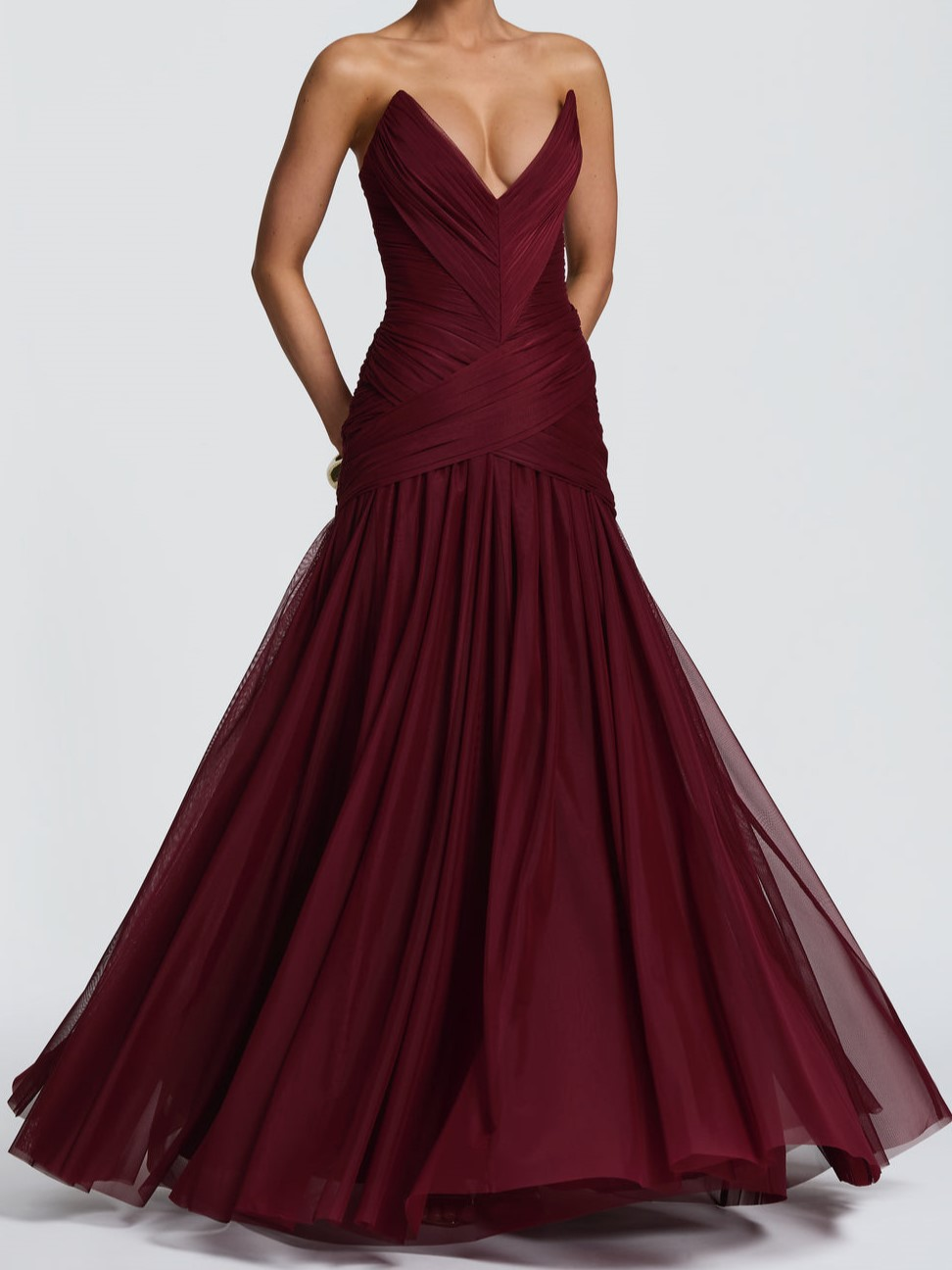 Burgundy Strapless Pleated Maxi Gown
