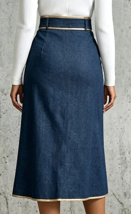 Denim Gold Grommet Midi Skirt