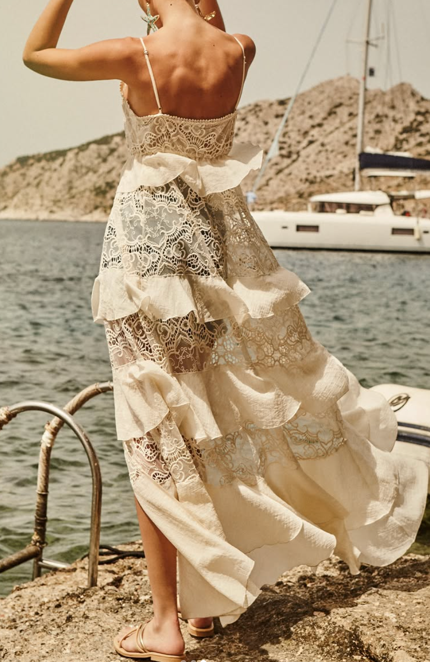 Cream Lace Tiered Ruffle Maxi Dress