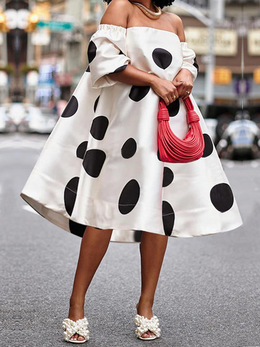 A-Line Loose Polka-Dot Split-Joint Off-The-Shoulder Midi Dresses