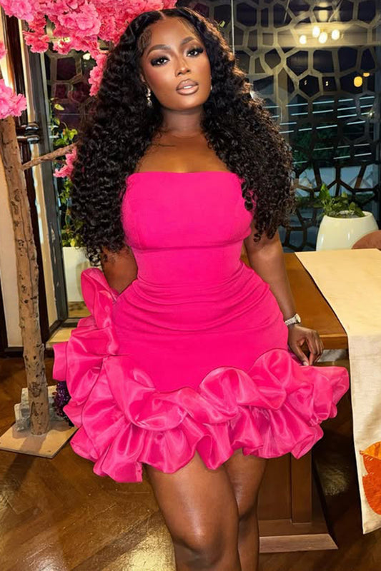 Strapless Slim-Fit Ruffle Hem Party Mini Dresses-Fuchsia [Pre Order]