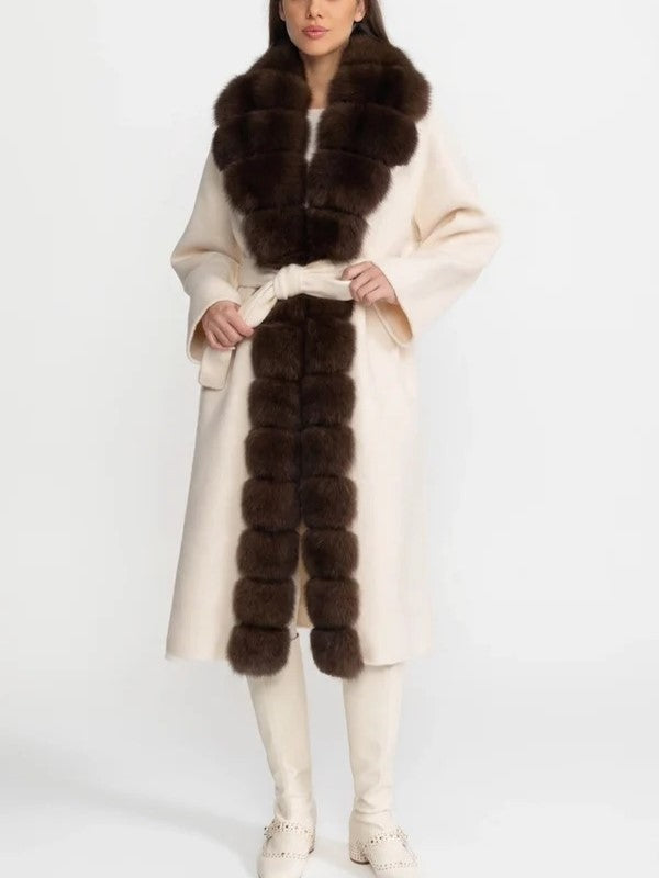 Cream Faux Fur Trim Belted Coat
