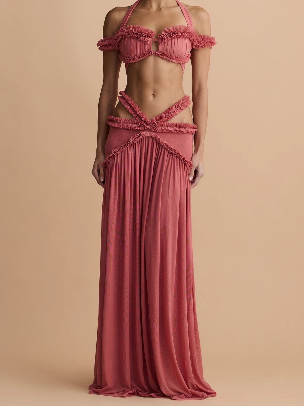 Olive Green Halter Ruffle Two-Piece Set