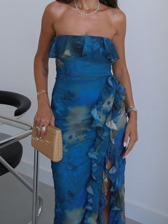 Blue Abstract Ruffle Strapless Midi Dress