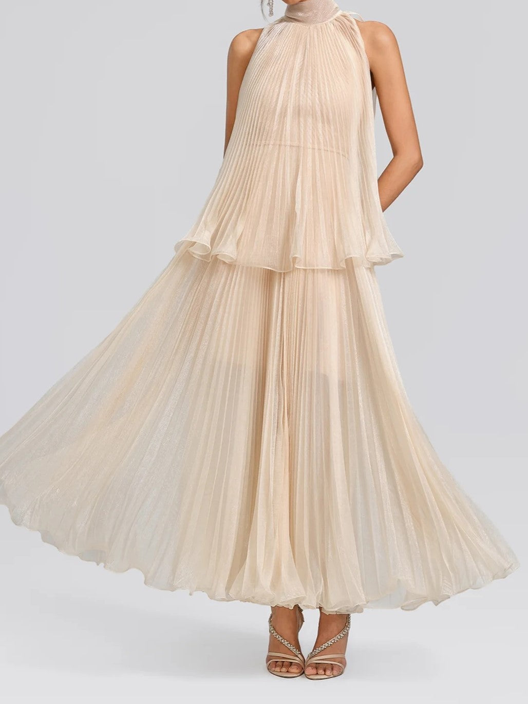 Beige Rosette Halter Maxi Dress