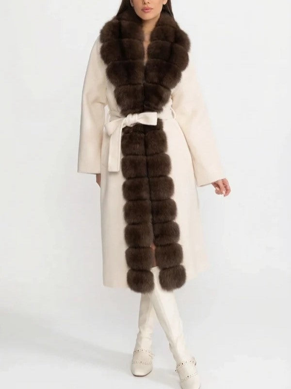 Cream Faux Fur Trim Belted Coat