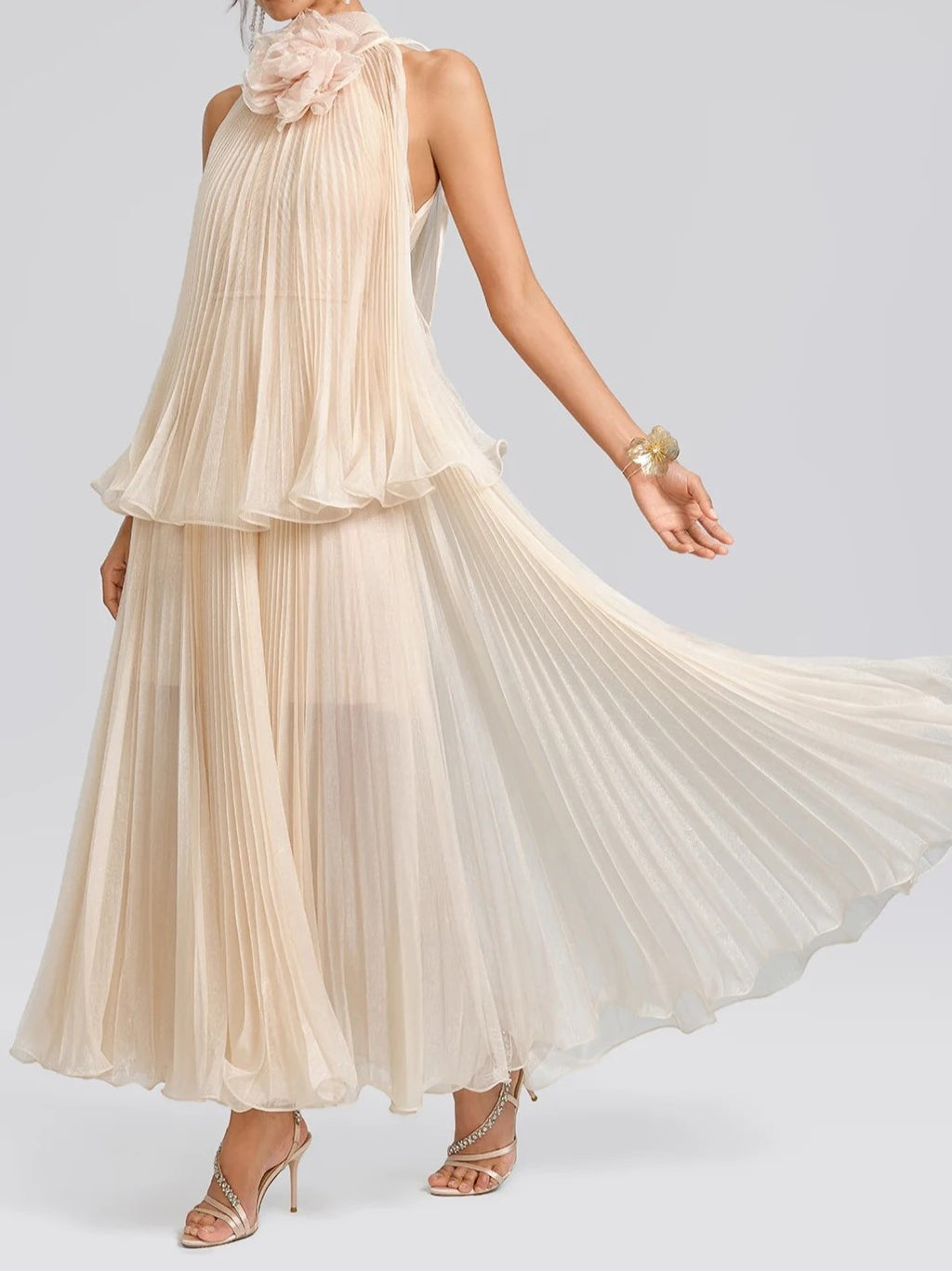 Beige Rosette Halter Maxi Dress