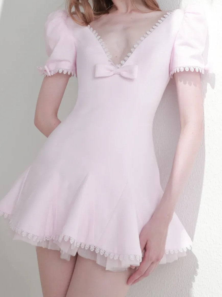 Pink Bow Detail Puff Sleeve Mini Dress