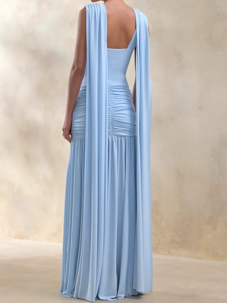 Light Blue Draped Cowl Neck Maxi Gown
