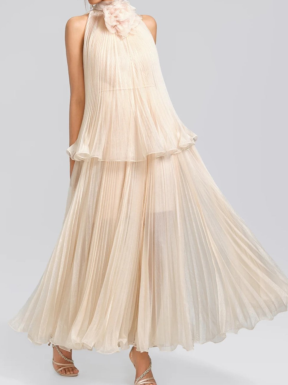Beige Rosette Halter Maxi Dress