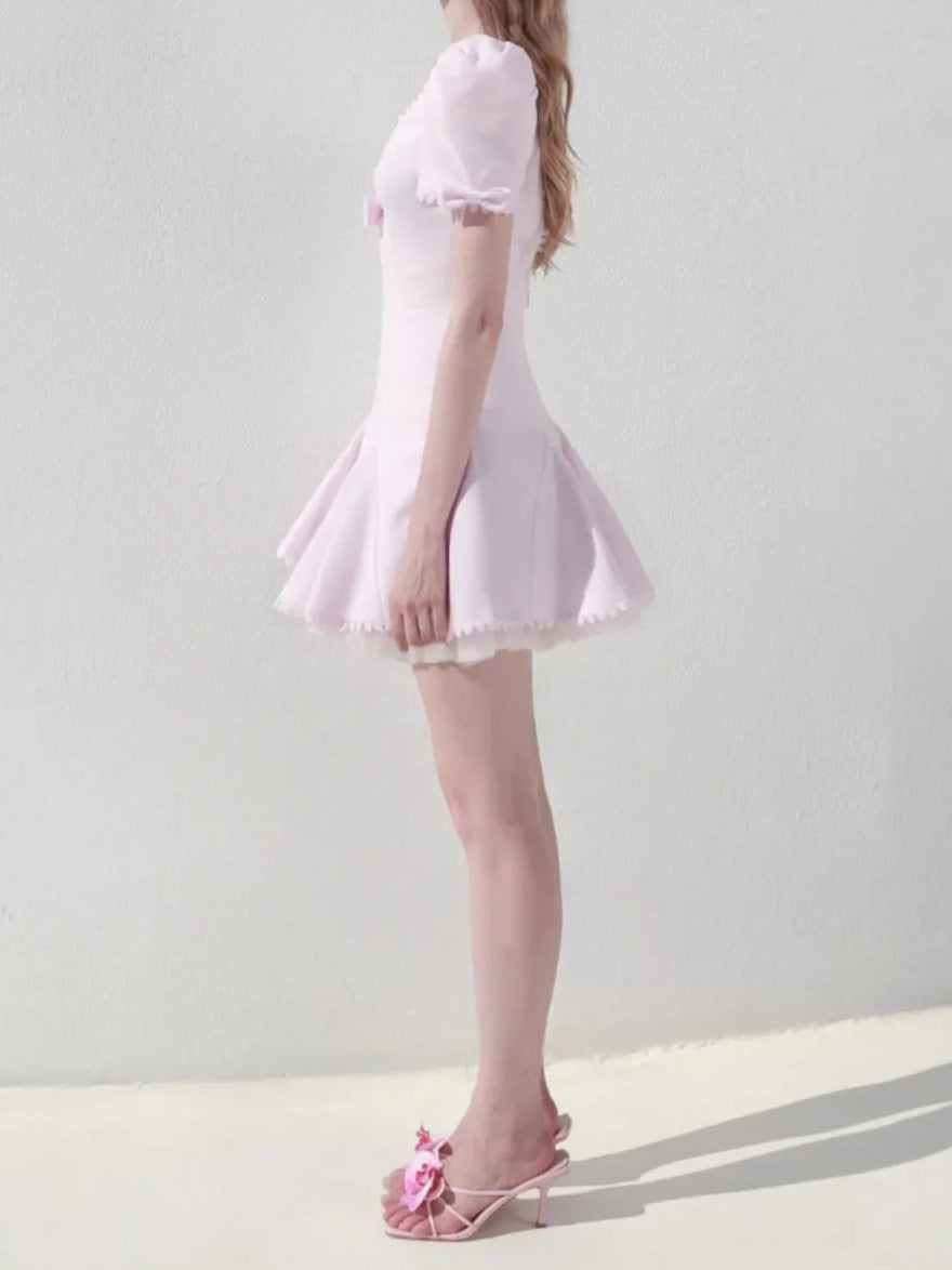 Pink Bow Detail Puff Sleeve Mini Dress