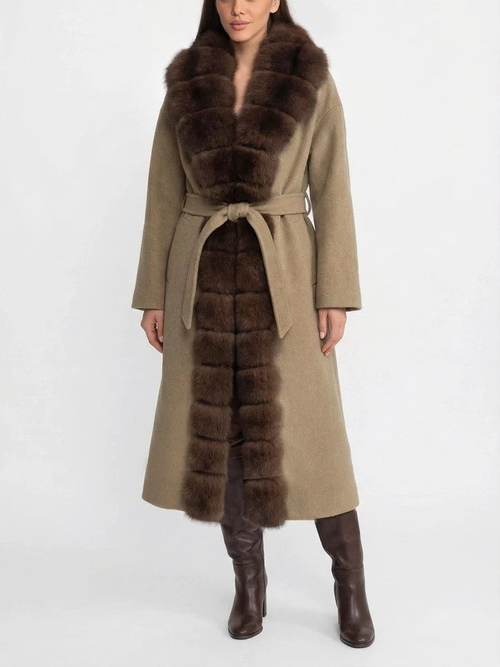 Cream Faux Fur Trim Belted Coat
