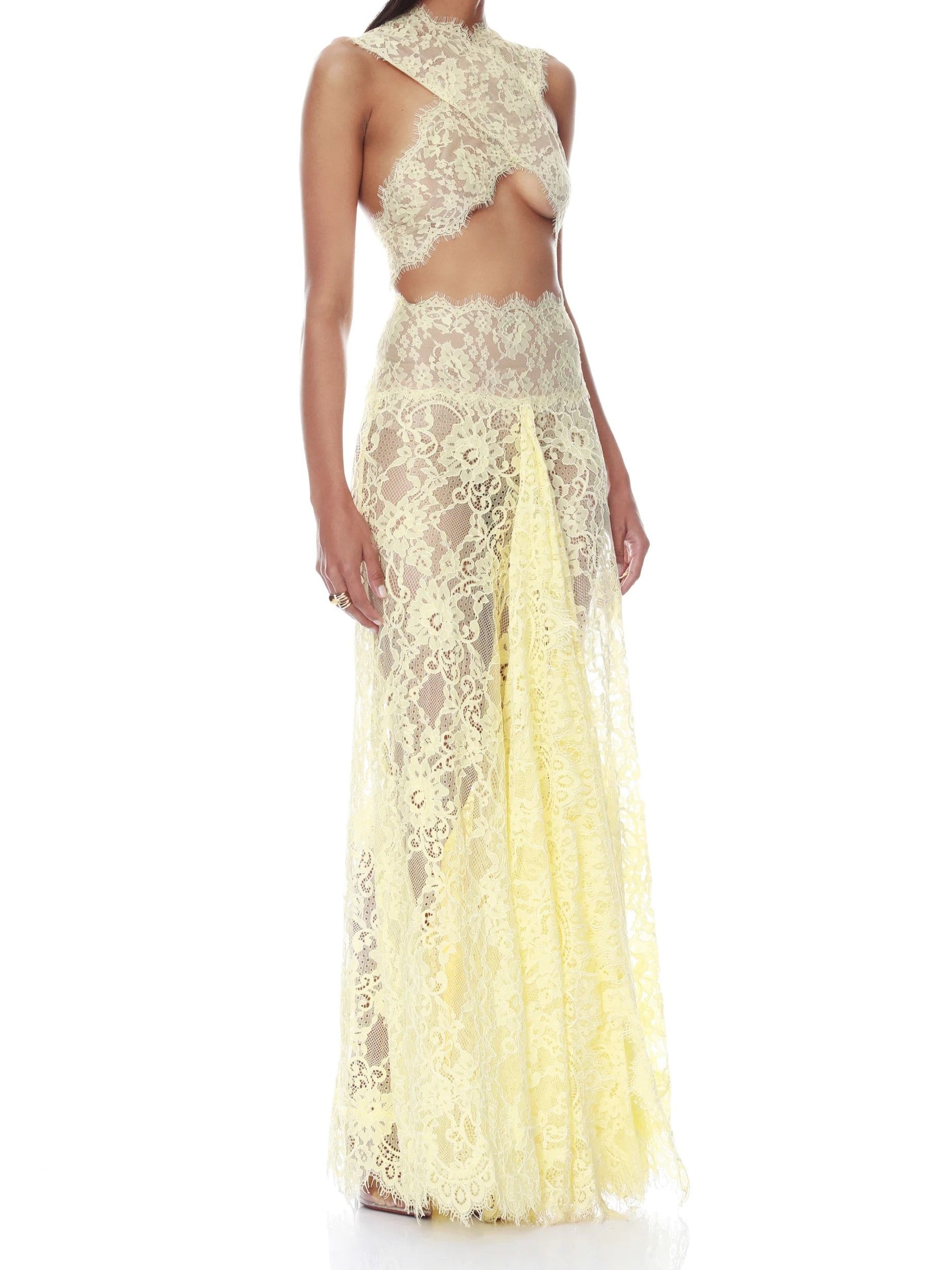 Pale Yellow Sheer Lace Cutout Maxi Dress