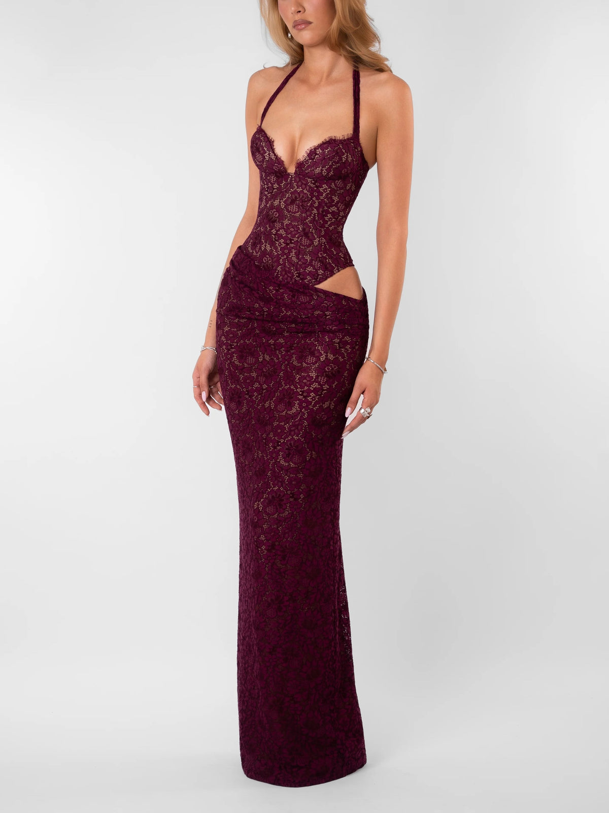 Burgundy Lace Halter Maxi Dress