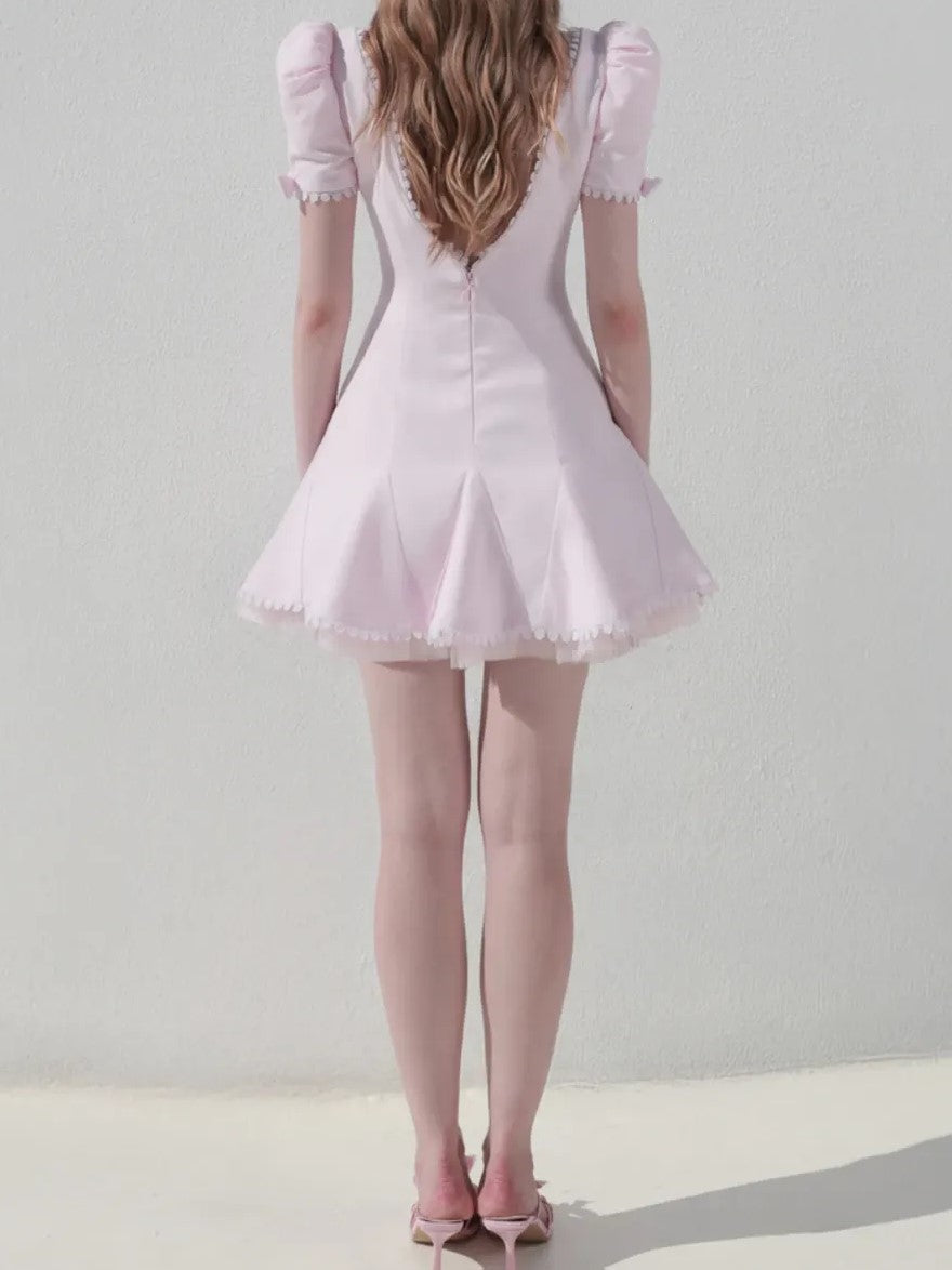 Pink Bow Detail Puff Sleeve Mini Dress