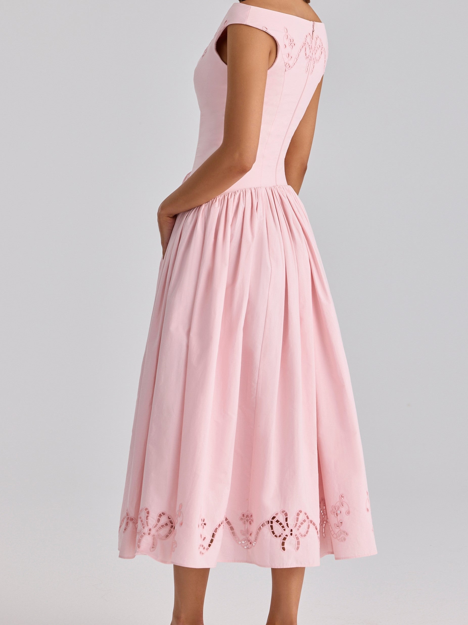 Pink Off-Shoulder Embroidered Midi Dress