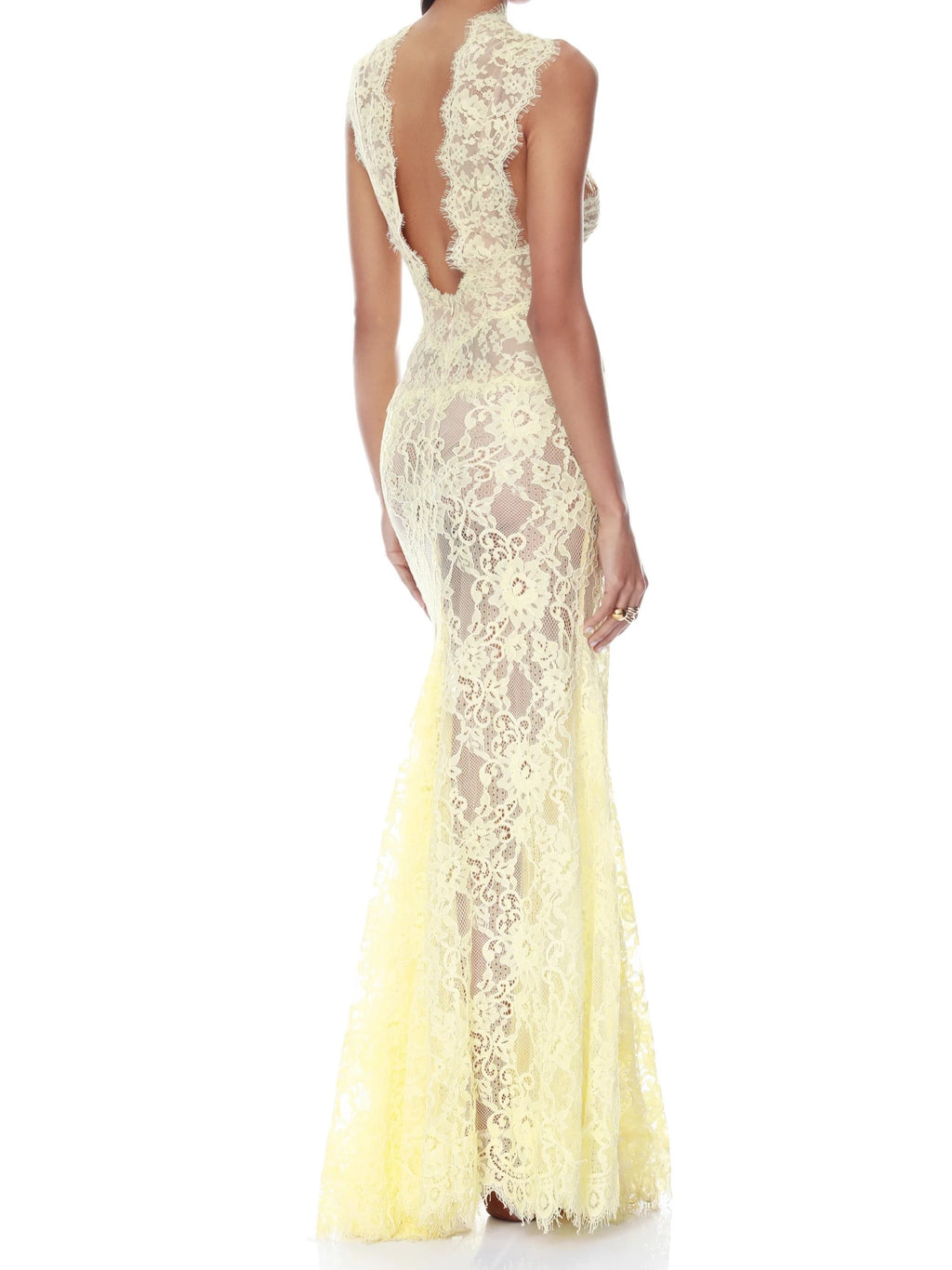 Pale Yellow Sheer Lace Cutout Maxi Dress