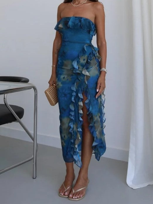 Blue Abstract Ruffle Strapless Midi Dress