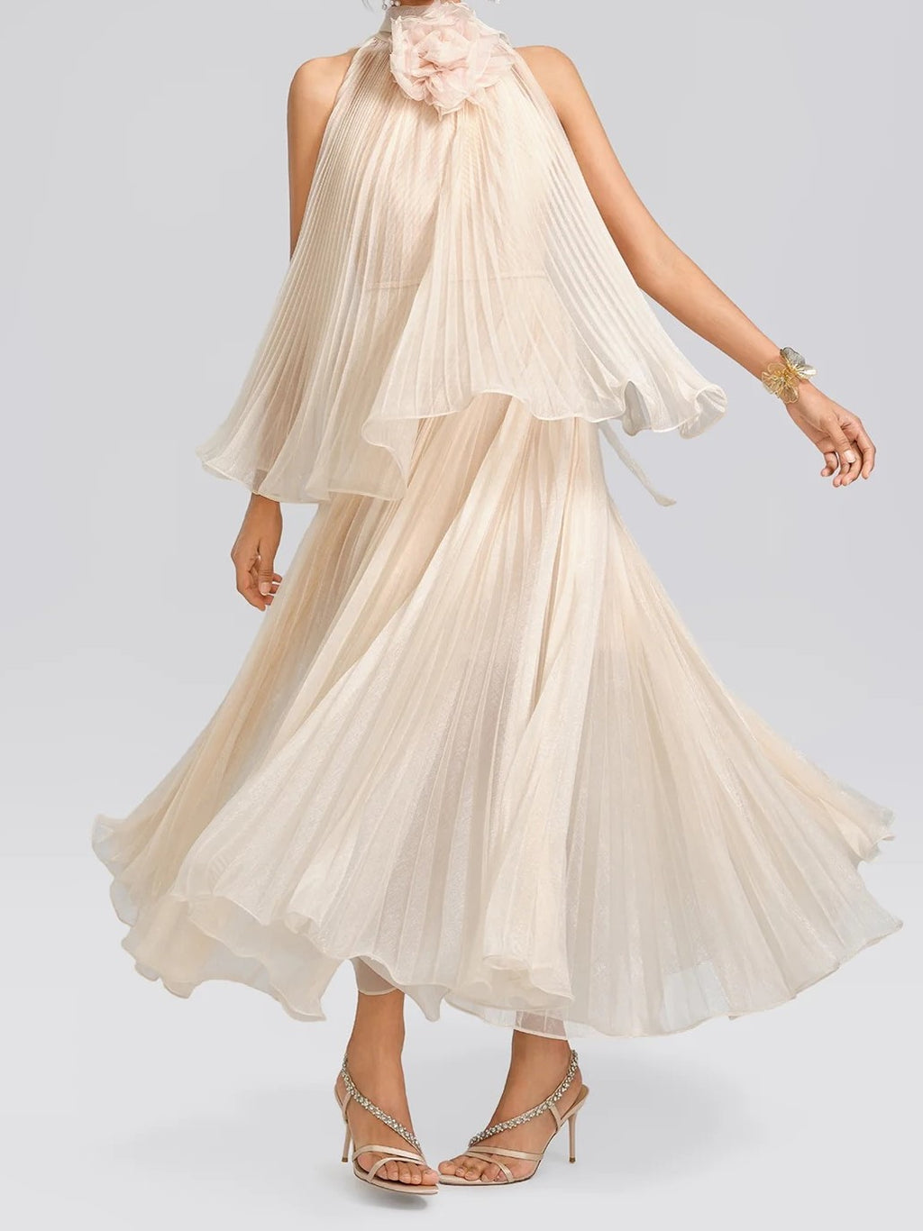 Beige Rosette Halter Maxi Dress