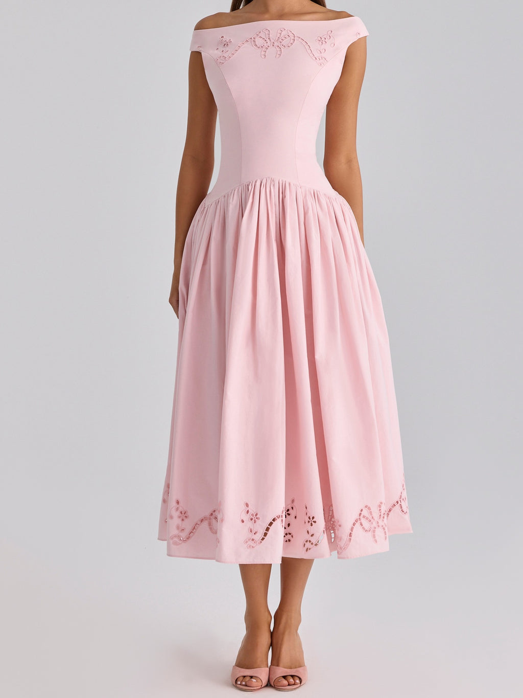 Pink Off-Shoulder Embroidered Midi Dress