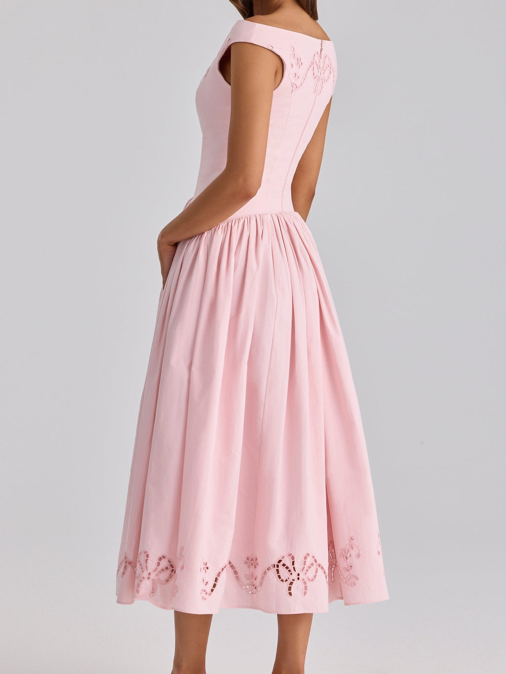 Pink Off-Shoulder Embroidered Midi Dress