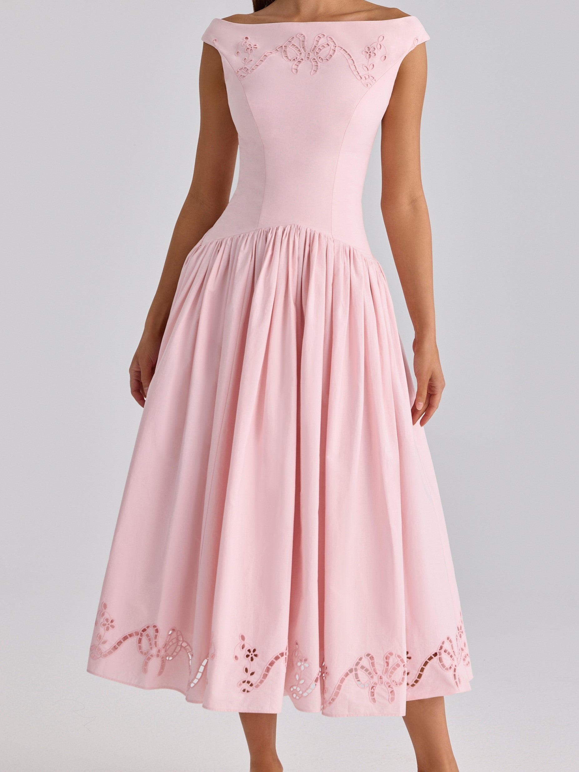 Pink Off-Shoulder Embroidered Midi Dress