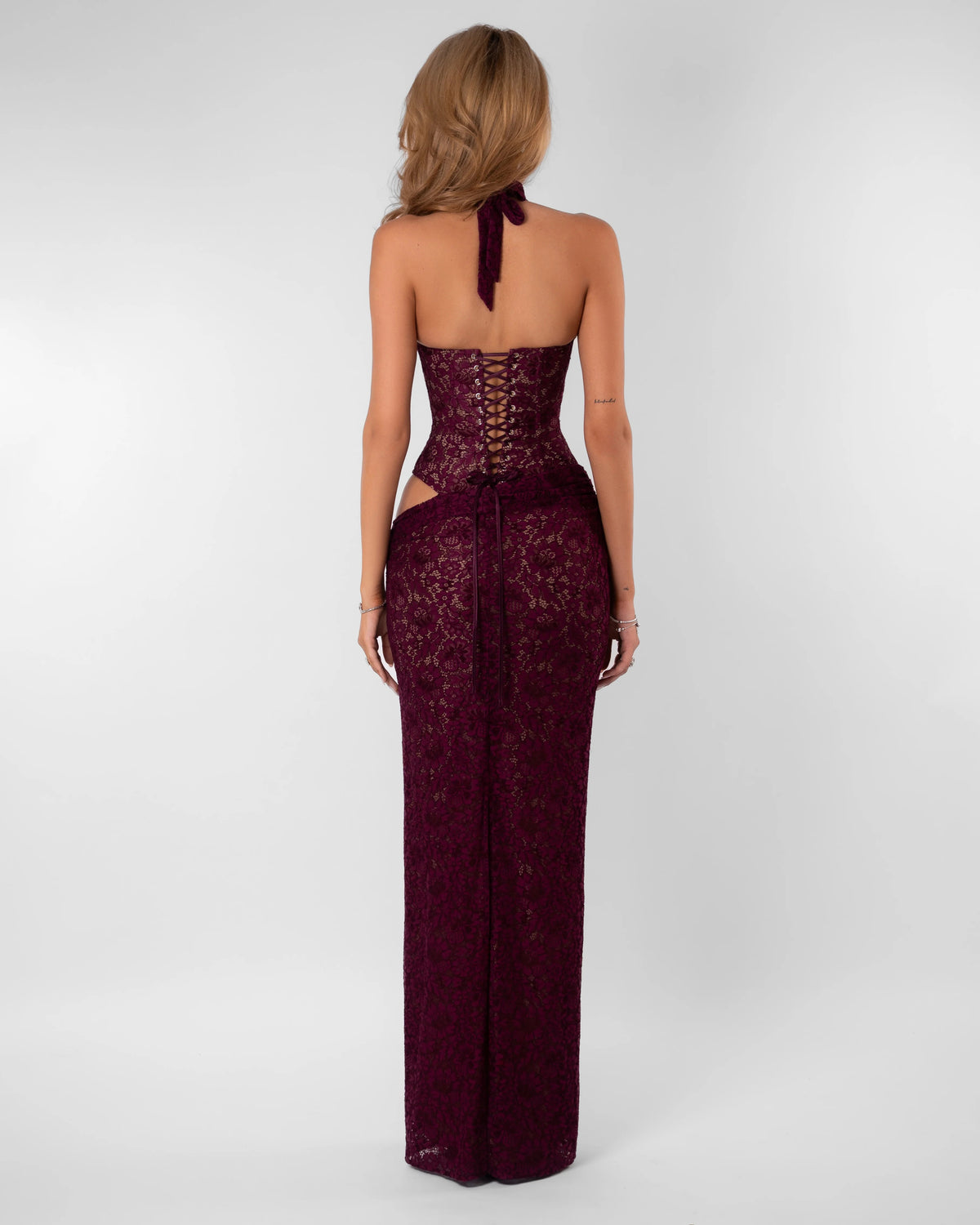Burgundy Lace Halter Maxi Dress