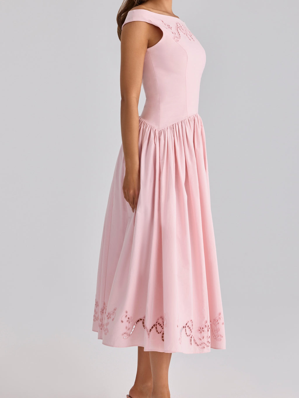 Pink Off-Shoulder Embroidered Midi Dress