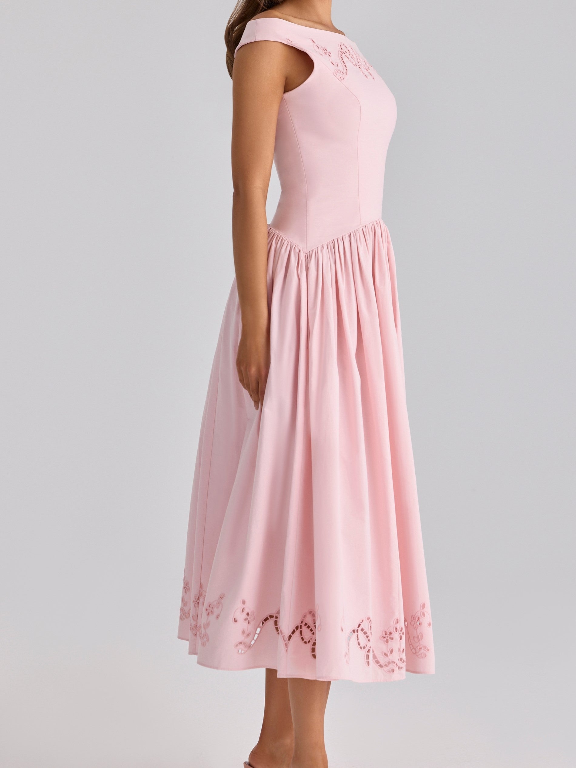 Pink Off-Shoulder Embroidered Midi Dress