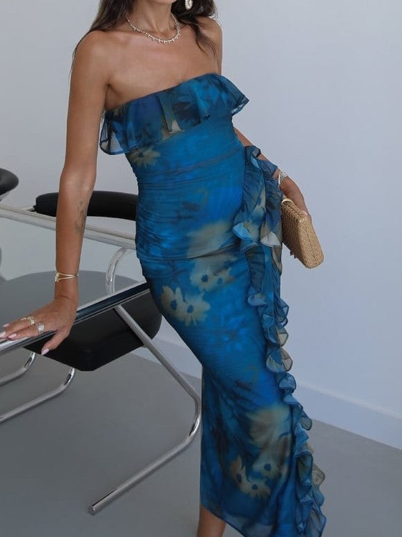 Blue Abstract Ruffle Strapless Midi Dress
