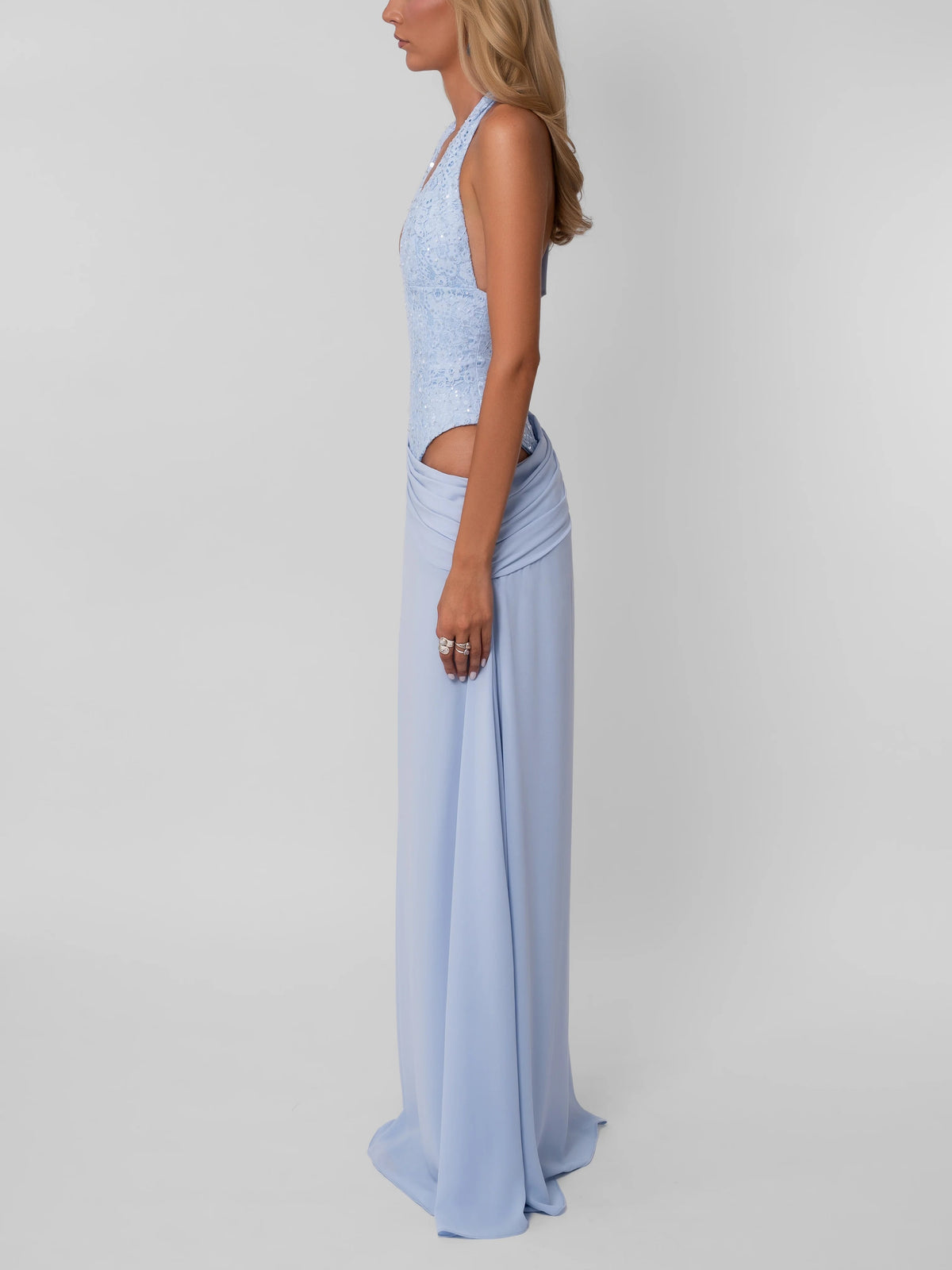Light Blue Draped Halter Maxi Dress