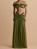 Olive Green Halter Ruffle Two-Piece Set