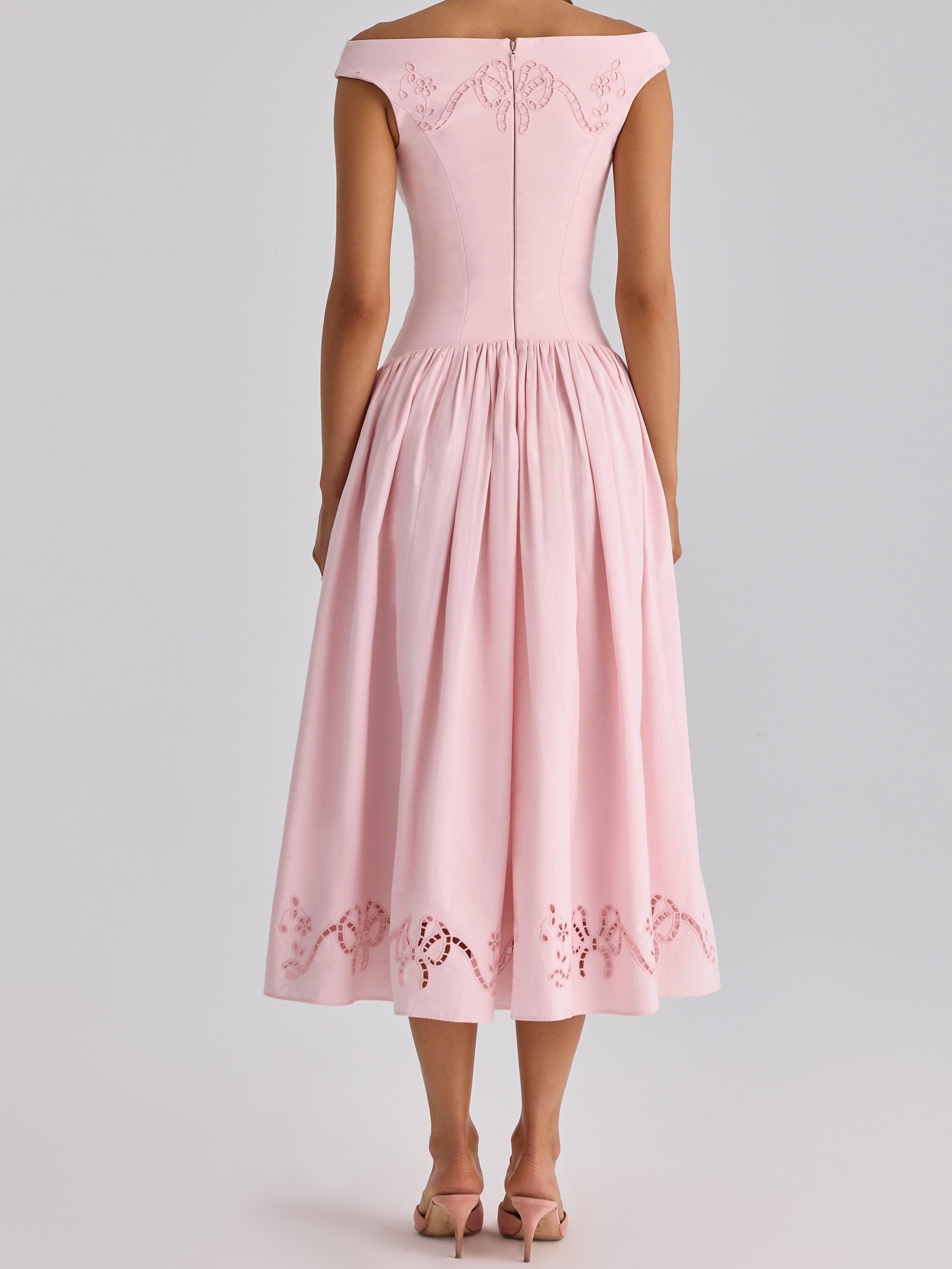 Pink Off-Shoulder Embroidered Midi Dress